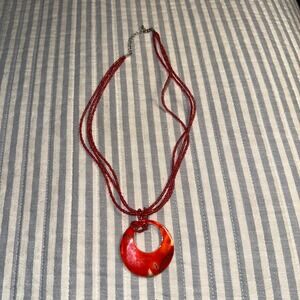 Red‎ Multi Strand Seed Bead Necklace with Large Round Resin Shell Pendant Boho